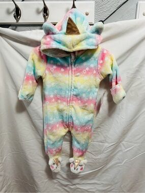Penelope Mack Rainbow Unicorn Fleece hooded zip 0-3 newborn girl velour NWT gift
